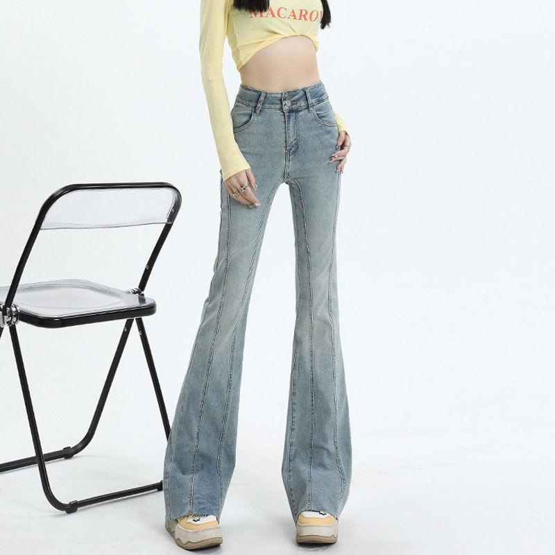 

Women s Retro High Waist Elastic Denim Flare Pants with Double Button Design 4XL