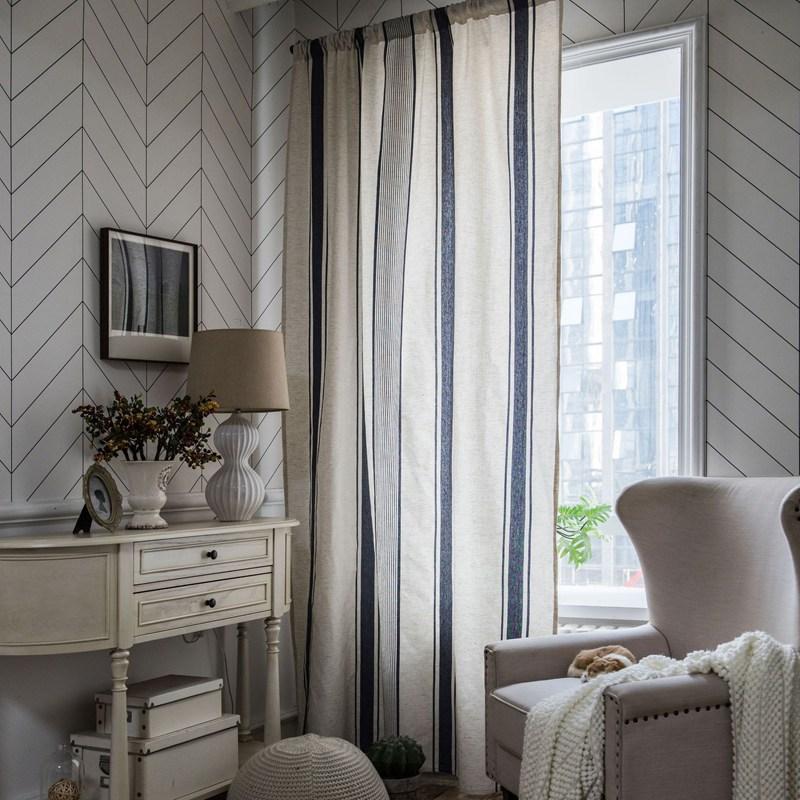American Cotton Linen Stripe Thick Blackout Home Window Curtains with Tassel Bedroom Kitchen Drapes Living Room Shading Curtain