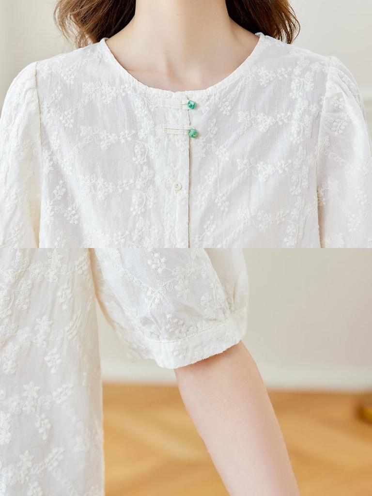 Women's Summer Embroidered Frog Button Cotton Shirt - New Chinese Style 2026