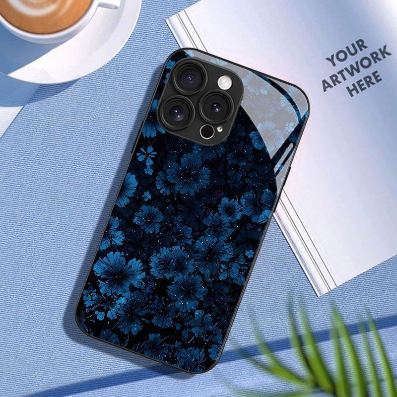 Deep Blue Floral Pattern Tempered Glass Phone Case For Samsung Galaxy S26 S25 S24 S23 Ultra Plus FE Shockproof Cover