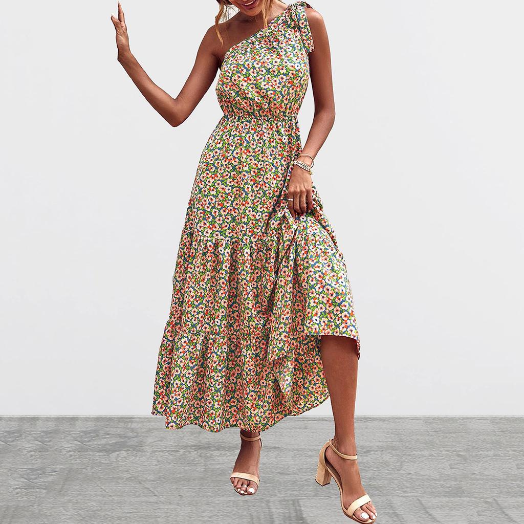 Women's Single Shoulder Bohemian Floral Dress Beach Vacation Hem Long Dress