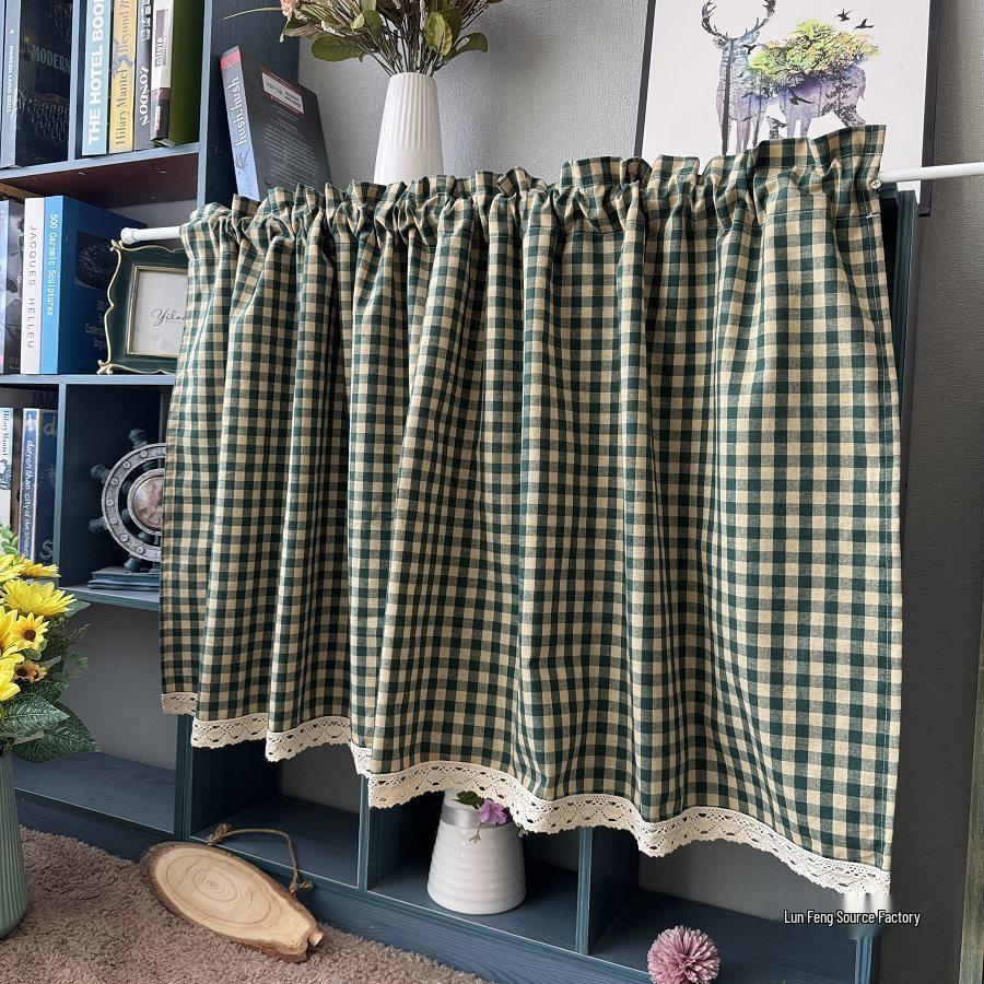 Dark Green Plaid Cotton-Linen Retro Half-Length Curtain for Windows or Cabinets