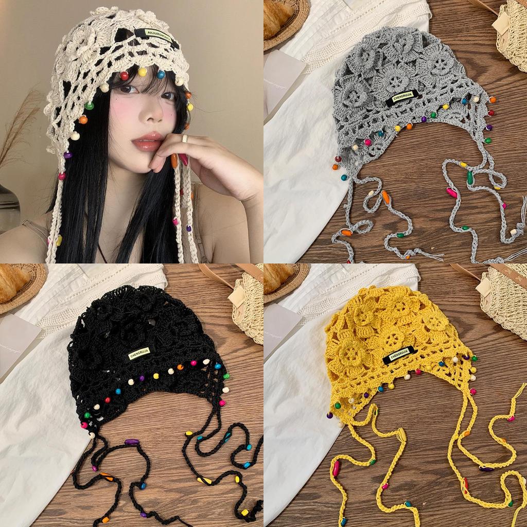 Stylish Handmade Knitted Hat For Women With Bohemian Floral Design And Tassels