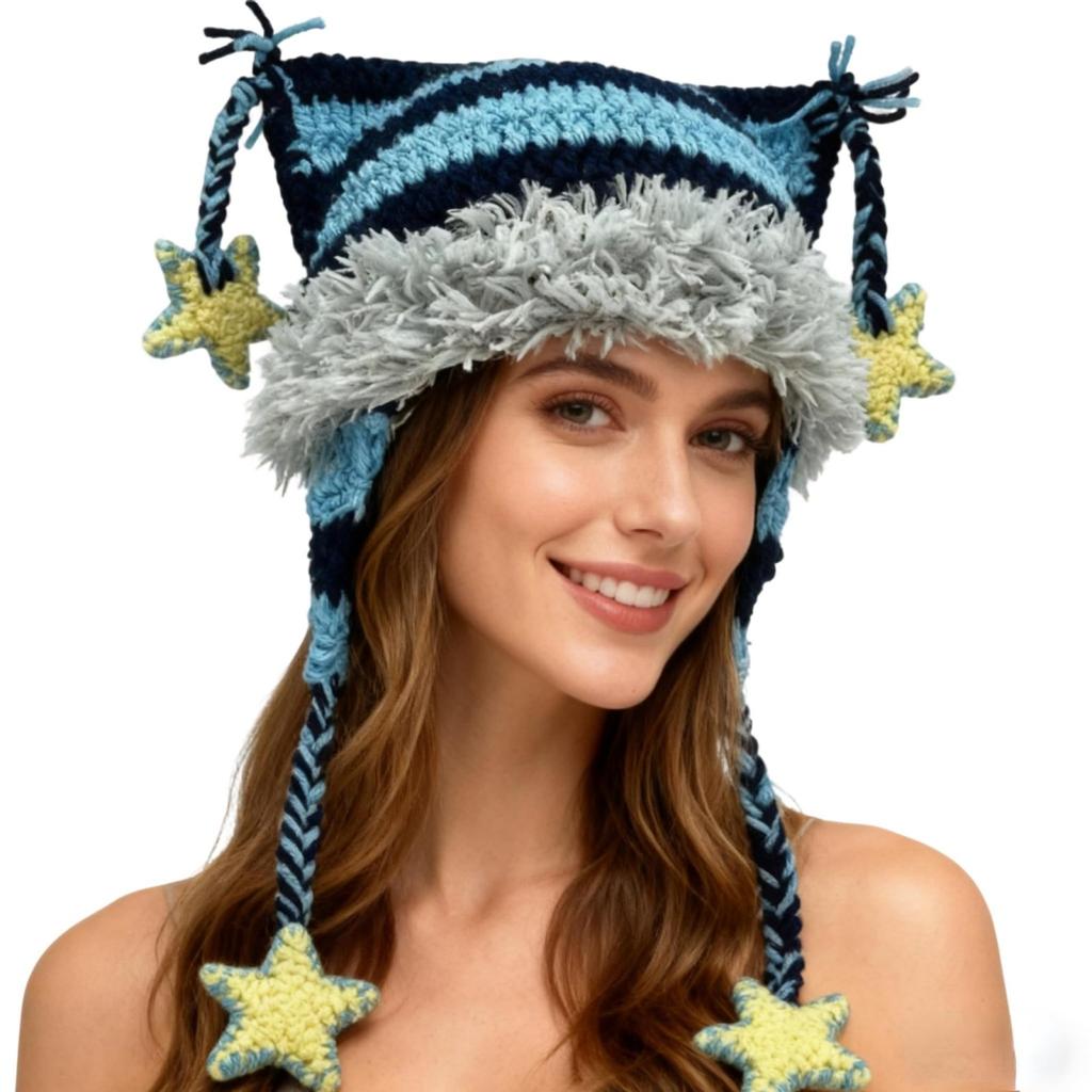 Women's Hand-Knitted Star Striped -Ear Braid Hat With Ear Protectioned, Fashionable And Versatile Cap