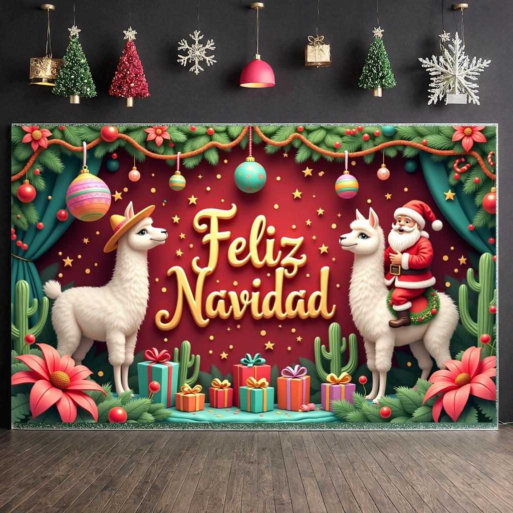 Christmas Banner Colorful Ornaments Navidad Backdrop Santa Claus Background Green Curtains Holiday Display For Christmas Holiday