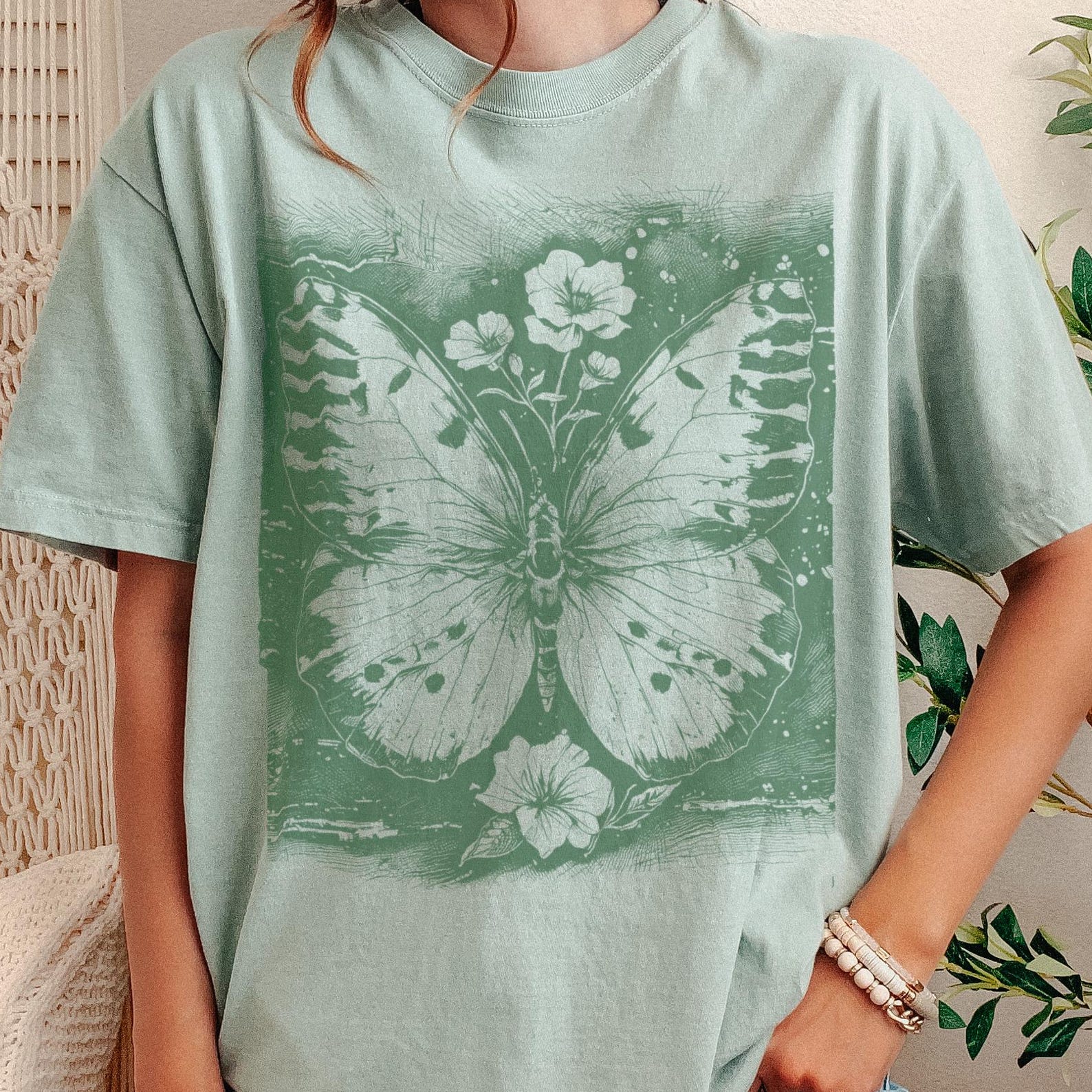 Butterfly Floral Linocut T-Shirt, Botanical Art Unisex Tee Comfort Colors Arty Boho Whimsy Fairycore Forestcore 160