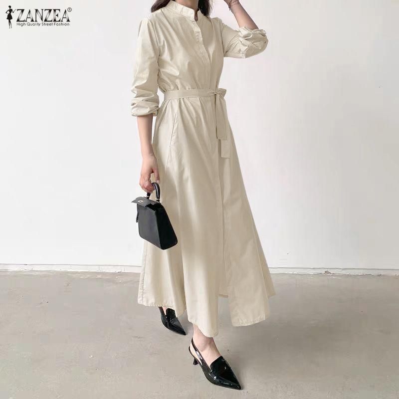 ZANZEA Women Stand Collar Loose Casual Long Sleeve Dress