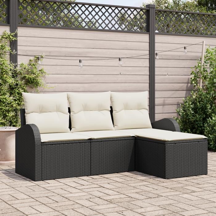 VidaXL Ensemble de Canapés de Jardin 4 pièces avec Coussins Noir Rattan Poly 3345987