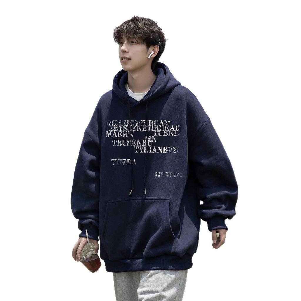 Letter Hooded Sweater Men's Autumn and Winter New Hat Rope Design Loose Fleece Thickened Coat