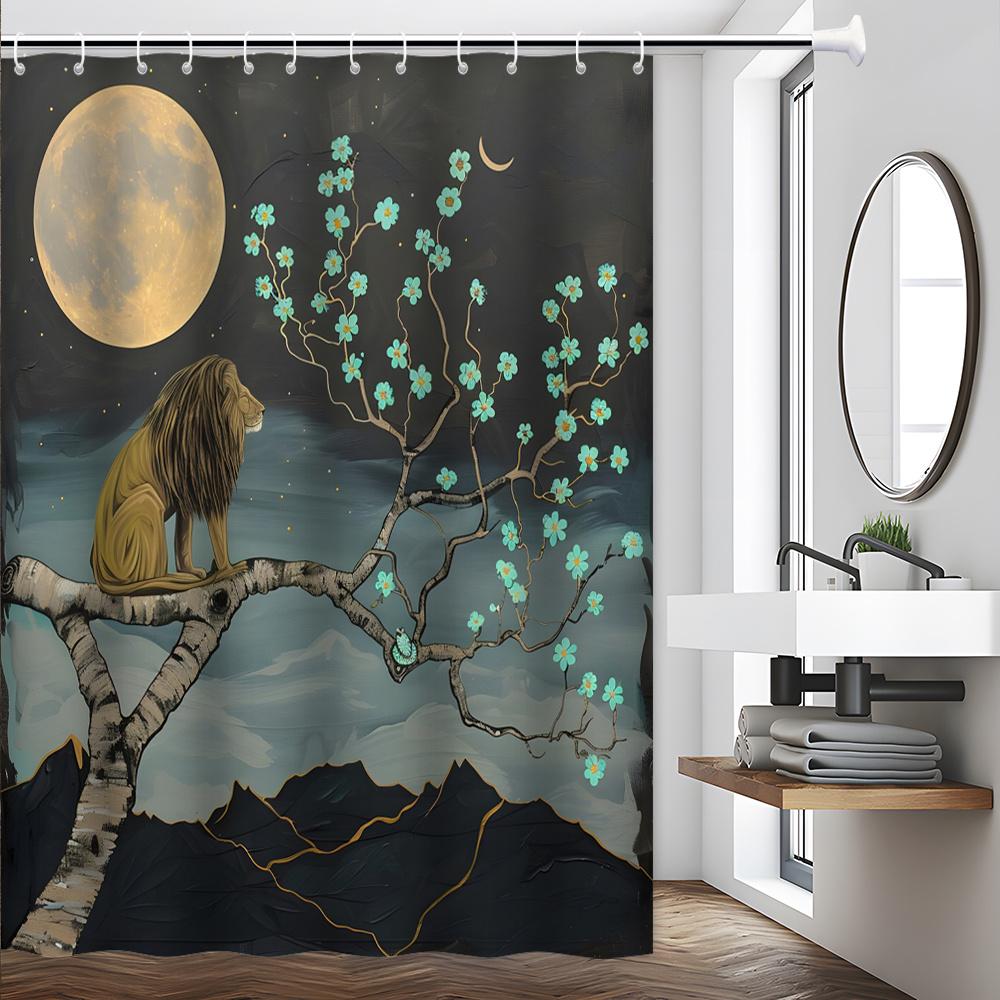 Golden Lion & Cherry Blossoms Shower Curtain, Majestic Lion Under Full Moon with Blue Flowers, Dreamy Nighttime Scene W90xH180cm