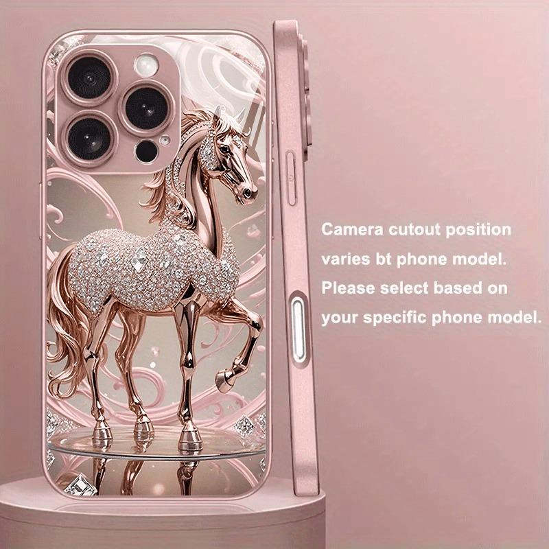 Luxus-Diamant-Pferde-Muster Rosa Metallisches Glas-Handyhülle Für iPhone 17 16 15 14 13 12 11 Pro Max 15 14 Plus 17 Air 16E Hülle