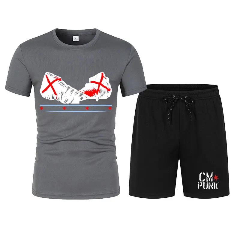 Herren Schwarz Return of CM Punk T-Shirt Shorts Set Sommer Kurzarm Mann Übergroße Anzüge 2024 Neue Mode Bekleidungssets