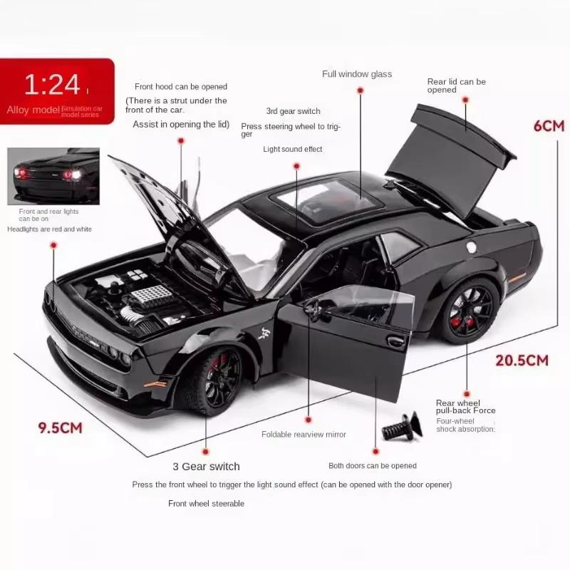 1:24 Dodge Challenger SRT Hellcat Alloy Muscle Car Model Die-cast Metal Sports Car Ornaments Vehicle Model Sound and Light Children's Toy Boy Gift