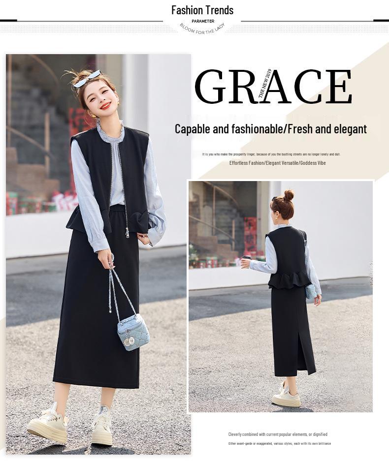 Spring 2025 Fashionable Two-Piece Set: Round Neck Vest & Mid-Length Waist-Hugging Skirt Dress