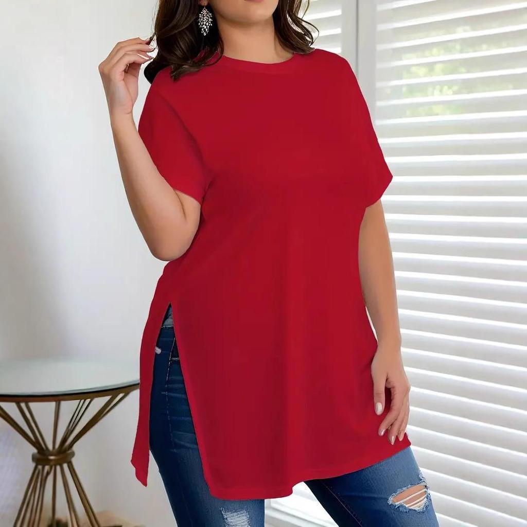 Damski top wiosenno-letni, damski luźny T-shirt w dużych rozmiarach, z rozcięciem, z okrągłym dekoltem