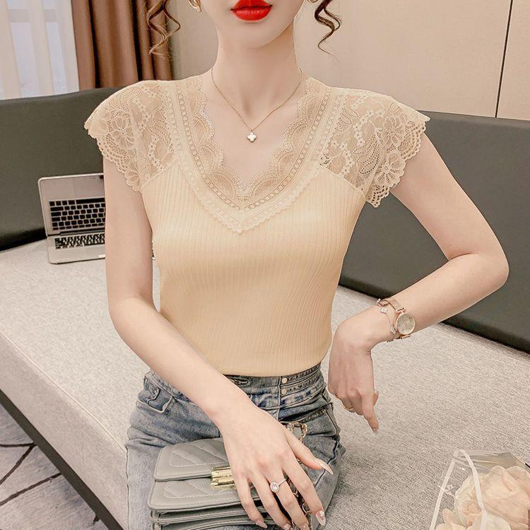 Basic Lace V Neck T Shirt For Women With Short Sleeves And Bodycon Fit For Daily Wear