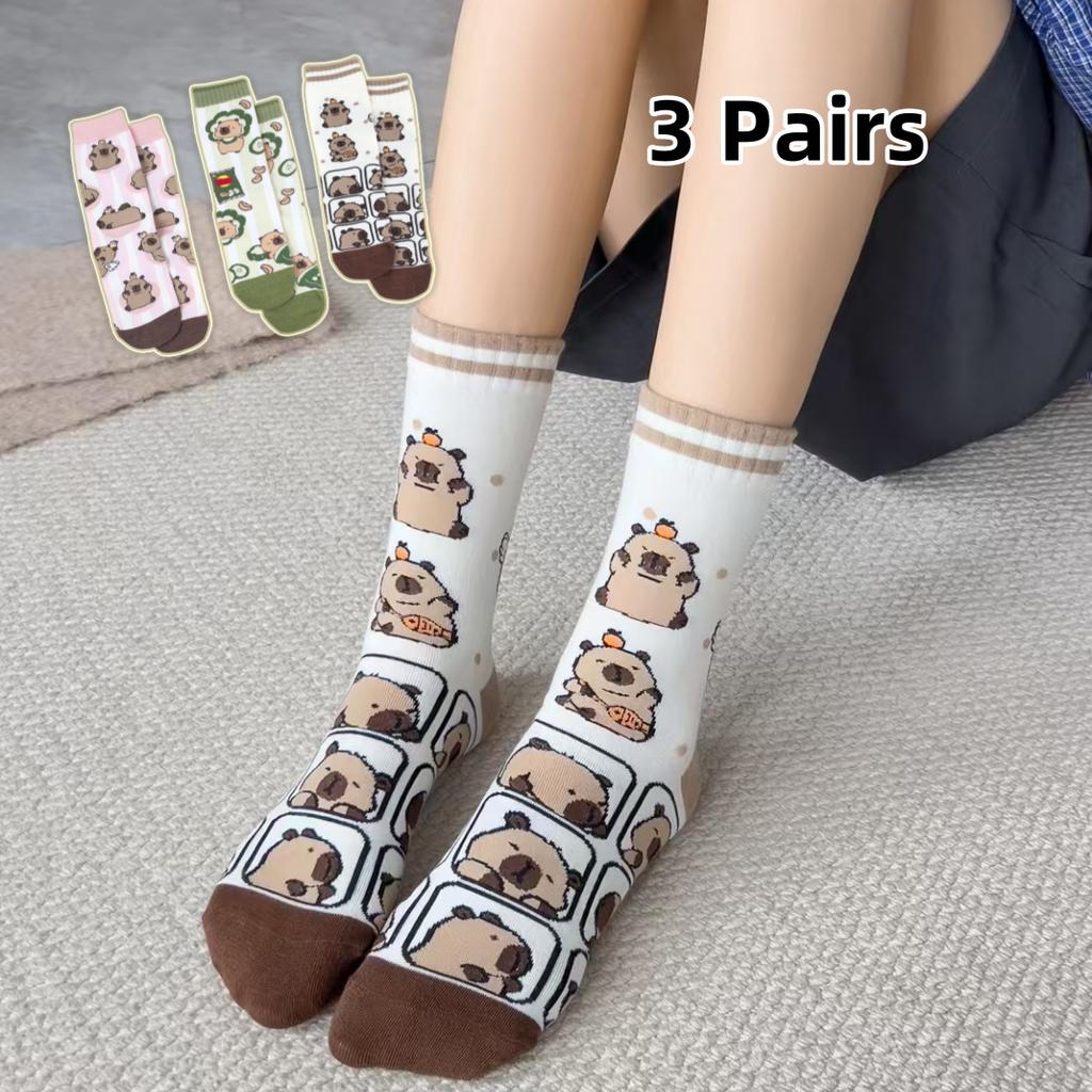 3 páry roztomilých kreslených vtipných dámskych ponožiek po členky, vzor malého zvieratka kapybary, všestranné pohodlné, vhodné na všetky ročné obdobia