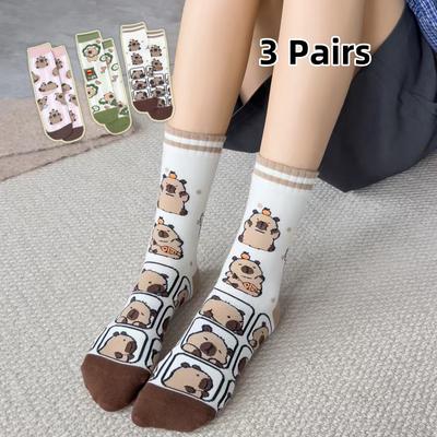 3 Pairs Of Cute Cartoon Funny Women's Mid-calf Socks,Little Animal Capybara  Pattern,Versatile Comfortable ,Suit In All Seasons