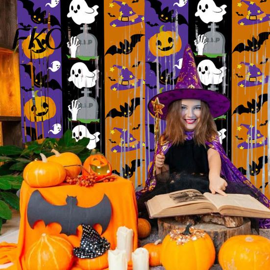 Halloween Tinsel Curtain Foil Fringe for Halloween, Orange Purple Black Background Event Decoration Photo Booth Props, Pumpkin Ghost Bat Party Shiny