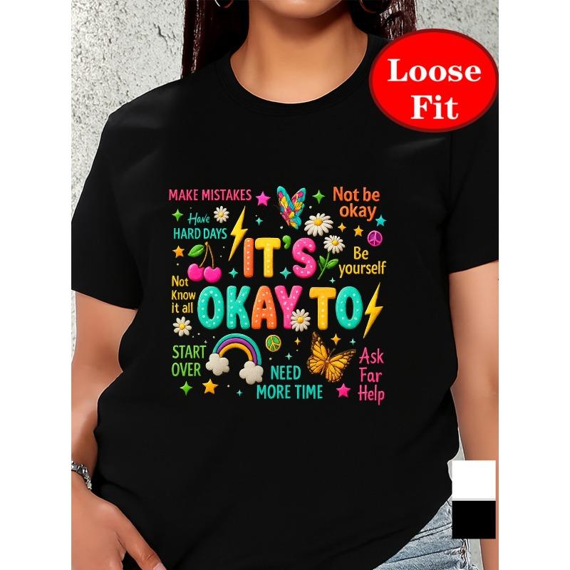 Europäische Größe Ermutige dich selbst, Akzeptiere Fehler, T-Shirt mit Rundhalsausschnitt und Kurzen Ärmeln, Lässiges Oberteil für Frühling und Sommer, Damenbekleidung in Übergrößen