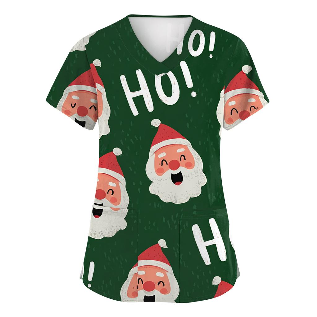 Hauts de Travail à Manches Courtes et Imprimé de Noël à Col en V et Poche pour Femme