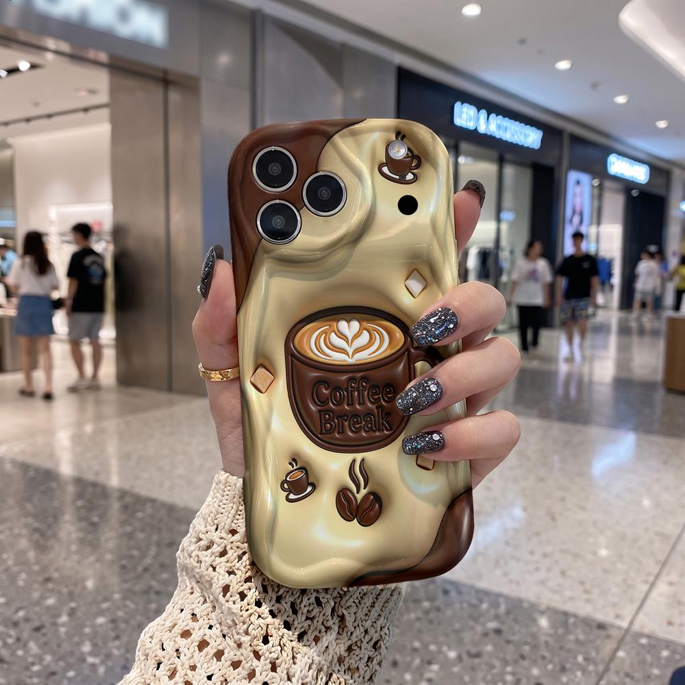 Latte Coffee Break Theme Wavy Edge Phone Case For iPhone 17 16 15 14 13 12 11 8 7 Plus Pro Max Soft Silicone Back Cover
