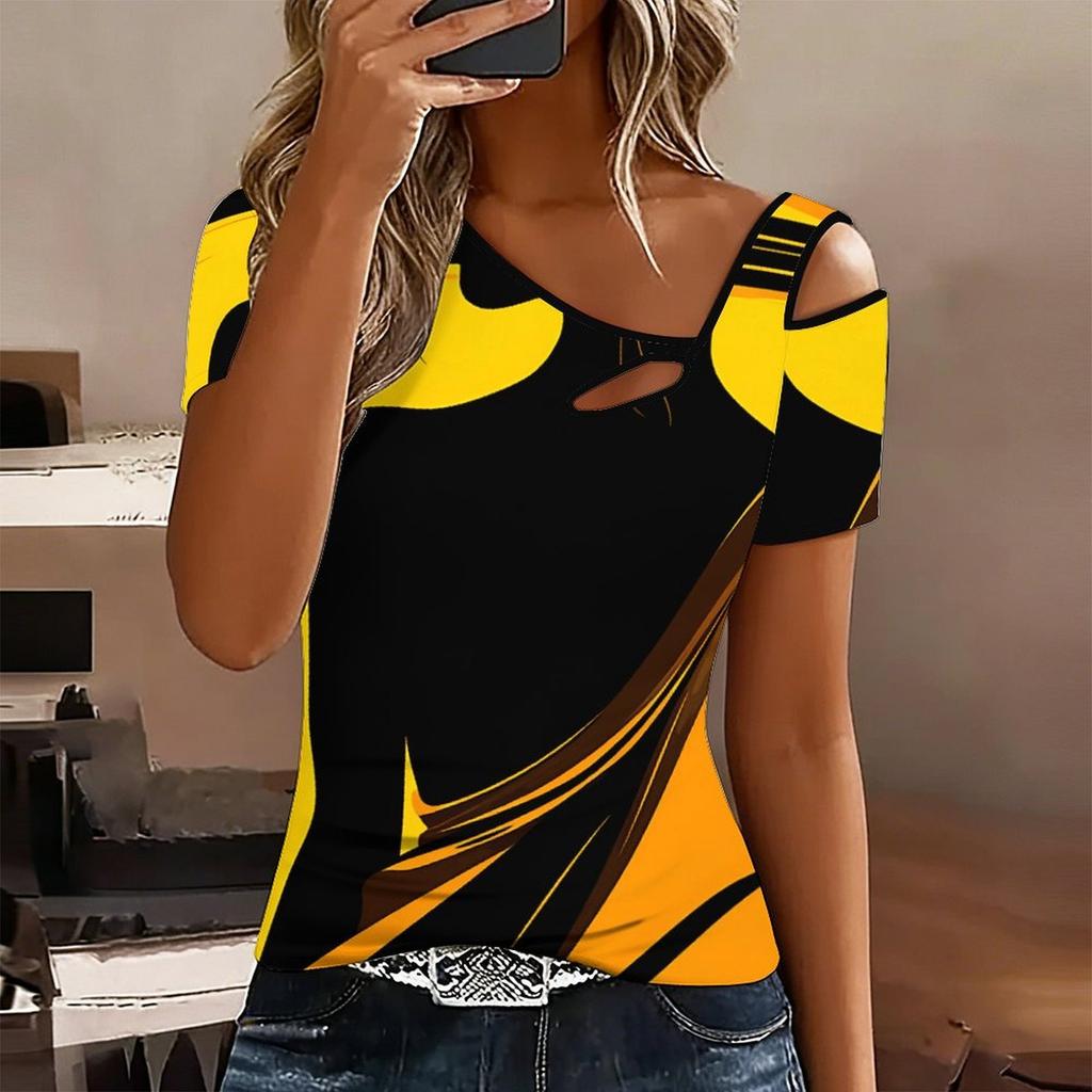 Women Tropical Flowers Print Cold Shoulder Short Sleeve T Shirt Irregular Cutout Neck Casual Summer Blouse Top