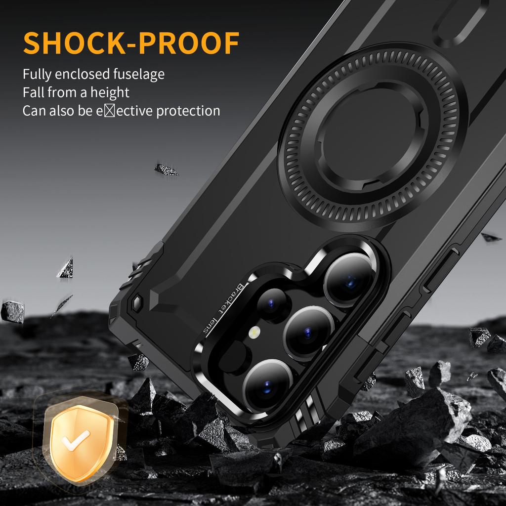 For Samsung Galaxy S25 Ultra Magnetic Case Lens Kickstand PC+TPU Shockproof Phone Cover
