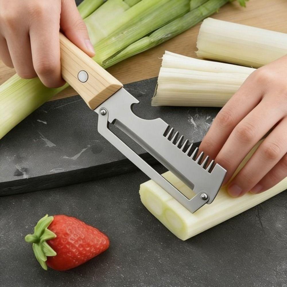 Wooden Handle 3-in-1 Fruit Potato Peeler Stainless Steel Fruit Peeler Scallion Shredder Slicing