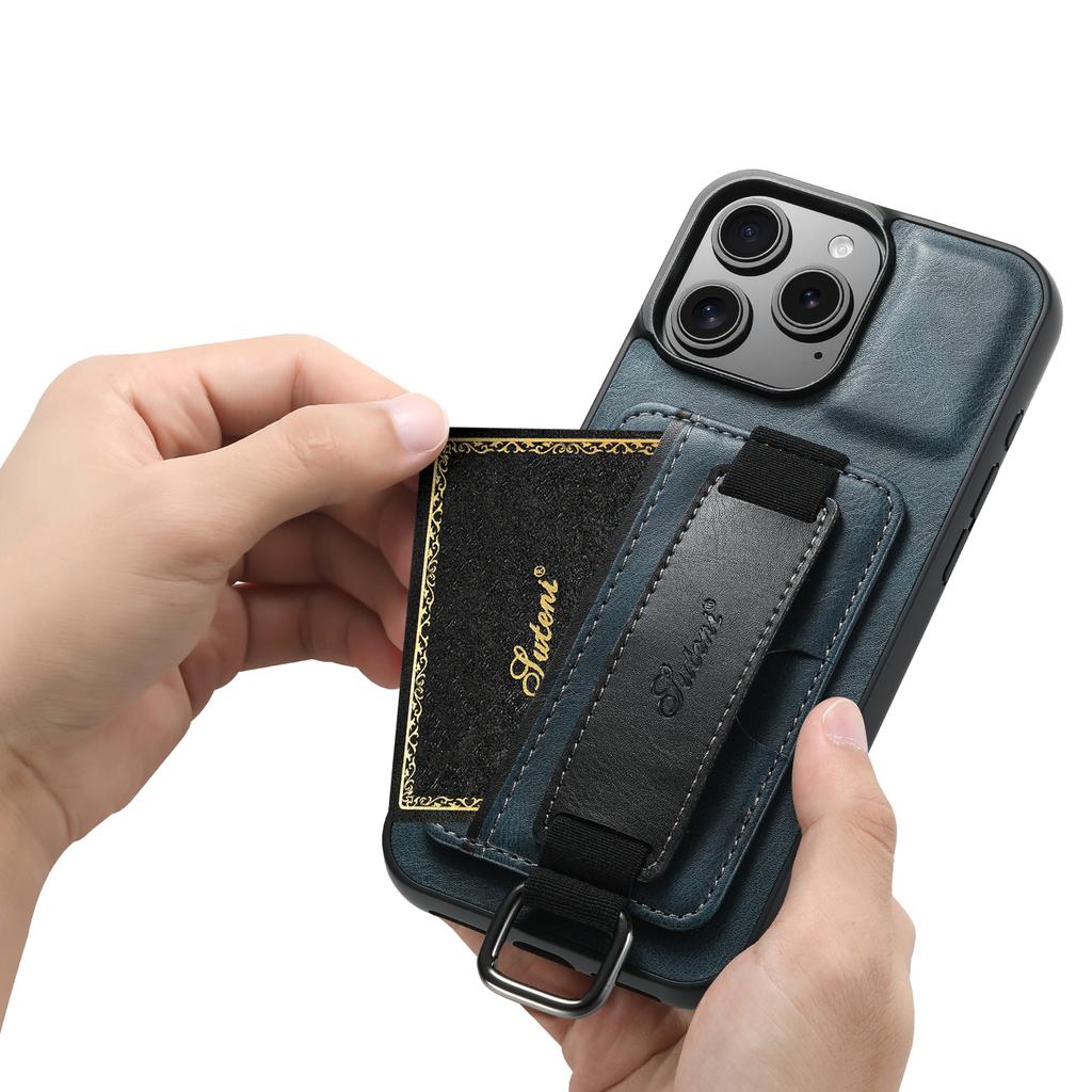 SUTENI H13 For iPhone 16 Pro Max Case Card Holder Wristband Waxy Texture Leather+TPU+PC Cover