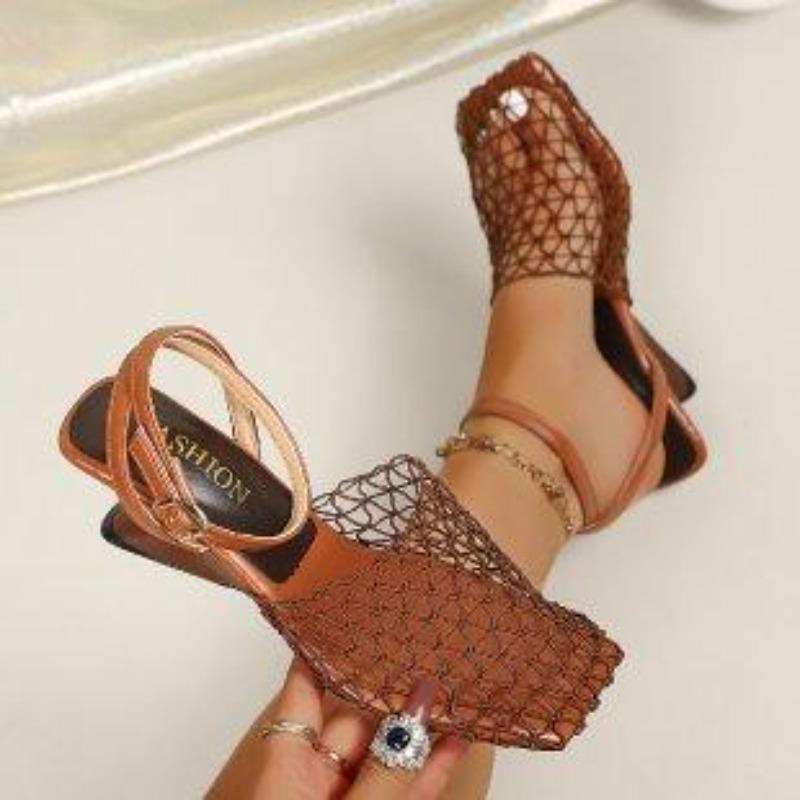 Square Toe Woven Hollow-Out Wedge Sandals – Summer New European & American Style Large-Size Covered-Toe Open-Back High-Heel Sandals for Women