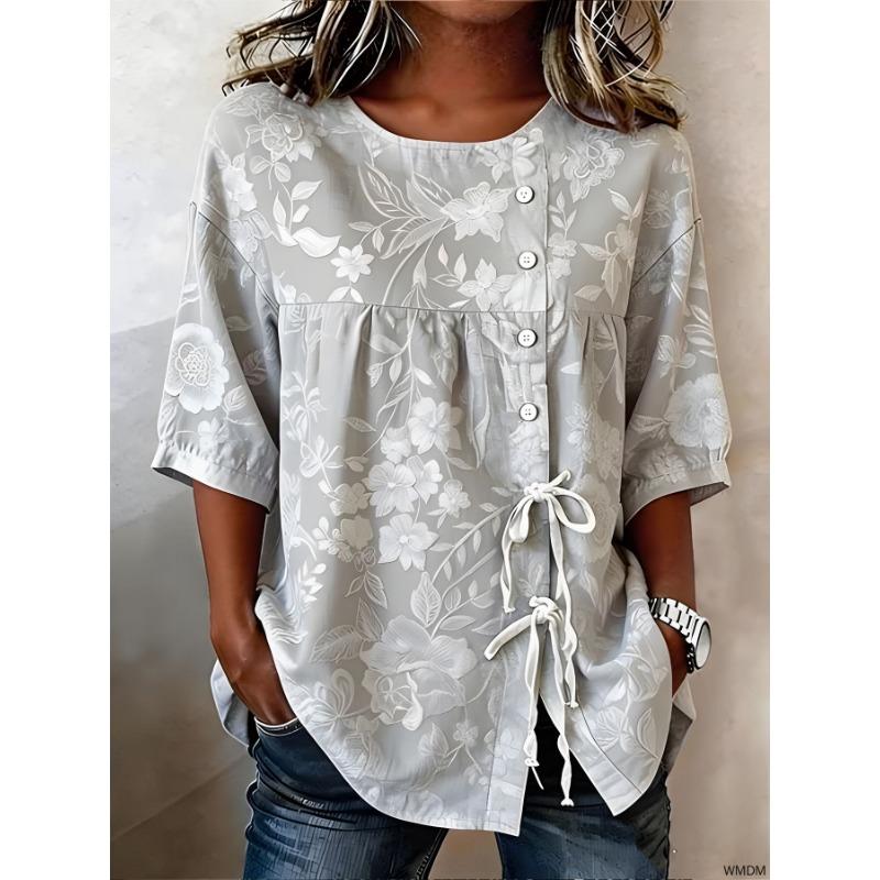 Women's Boho Geometric Print Casual Blouse, Button Tie Front Loose Top for Spring Summer Daily Wear