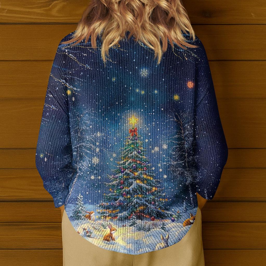 Damenmode Lässig Langarm Weihnachts-Schneeflocken-Druck V-Ausschnitt Oberteil