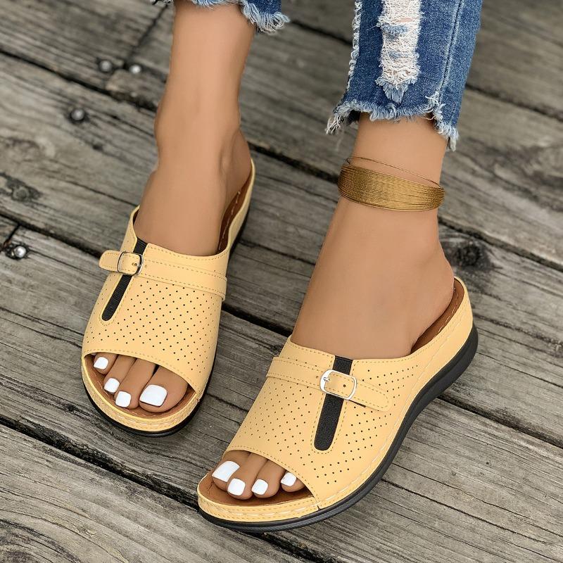 Women's Platform Cutout Slipper Peep Toe Sewn Wedge Beach Sandal