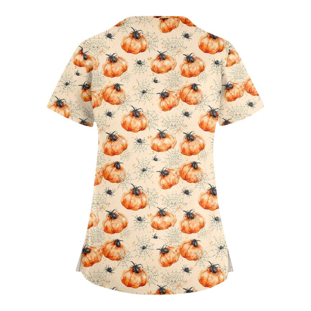 Dámská móda Overaly s krátkým rukávem a výstřihem do V s kapsami Halloweenské potištěné topy Oblečení