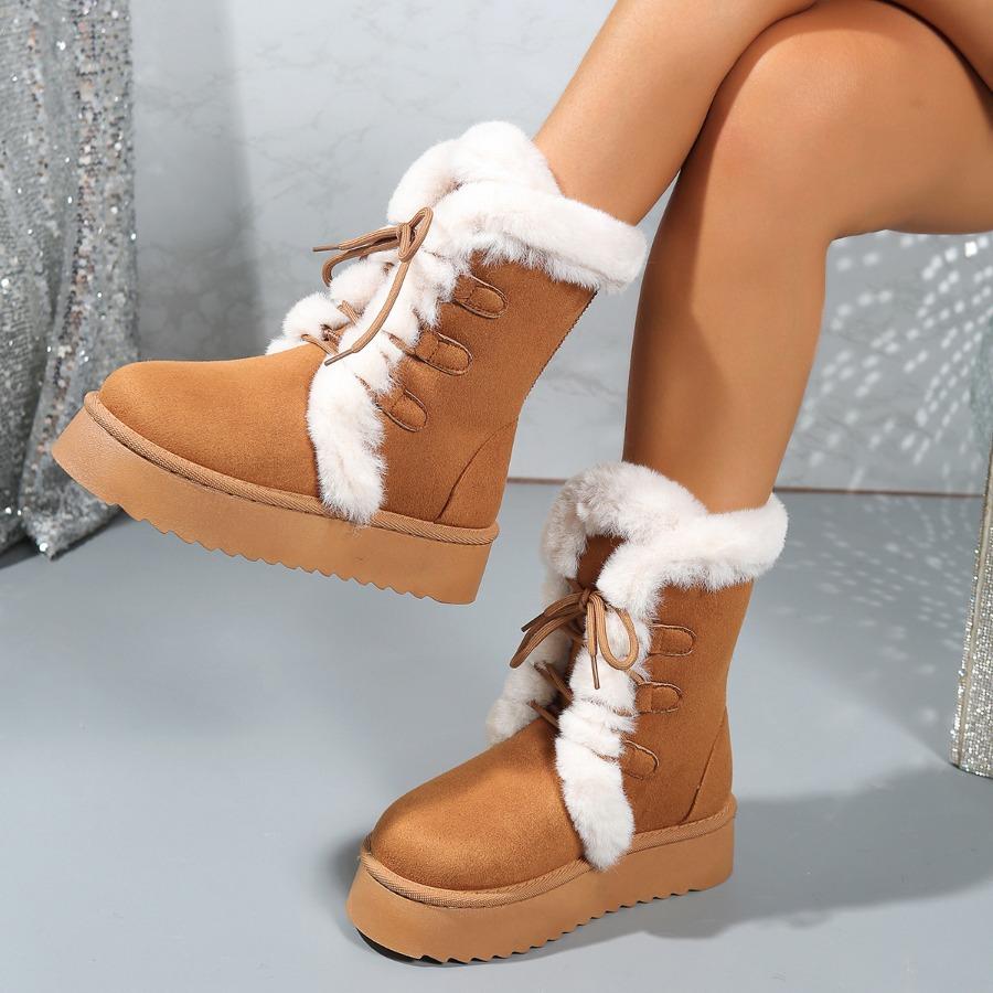 2025 Fall/Winter Women's Snow Boots with Fleece Lining, Thickened Sole, Height-Enhancing Design, Leather & Fur Combination, Cotton-Lined Warm Boots
