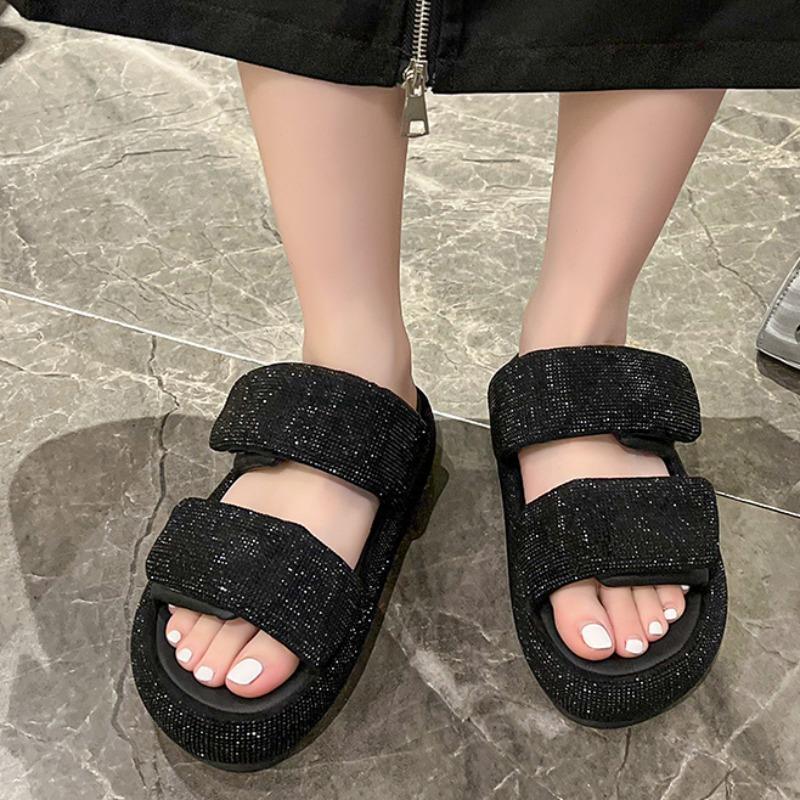 Fashion Fashion Flat Sandals Summer New Round Head Open Toe Crystal with Waterproof Table Anti-slip Wear-resistant Slippers