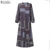ZANZEA Women Retro Print Loose Casual Round Neck Long Sleeve Dress