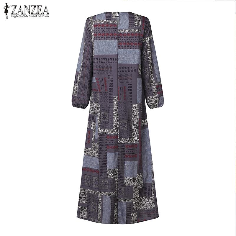 ZANZEA Women Retro Print Loose Casual Round Neck Long Sleeve Dress