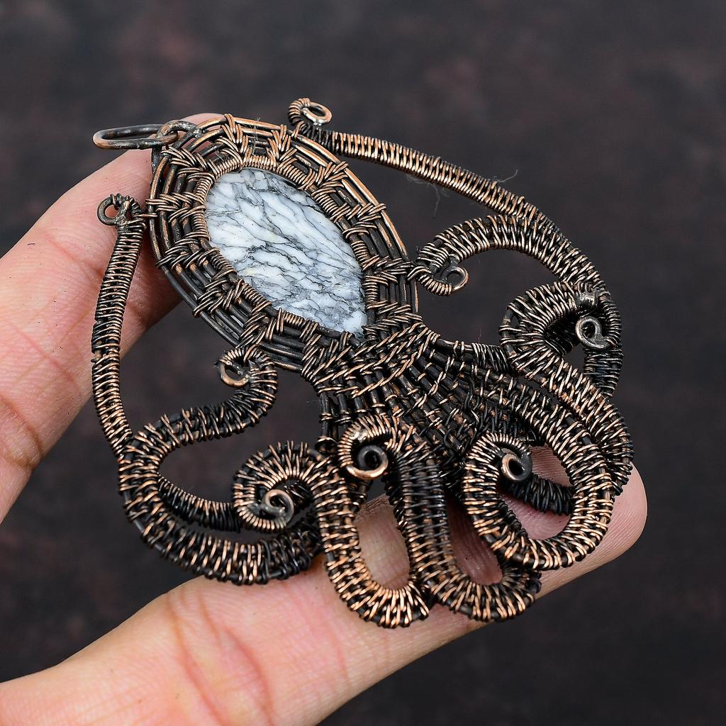 Pinolith Jasper Pendant Copper Wire Wrapped Pendant Handmade Pendant Copper Octopus Jewelry Wire Wrap Jewelry Gemstone Pendant Gift For Her