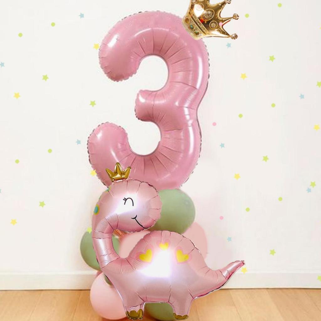 Torre de balões de dinossauro verde rosa com balão de número de 32 polegadas para decoração de festa de aniversário faça você mesmo com dinossauro para meninas