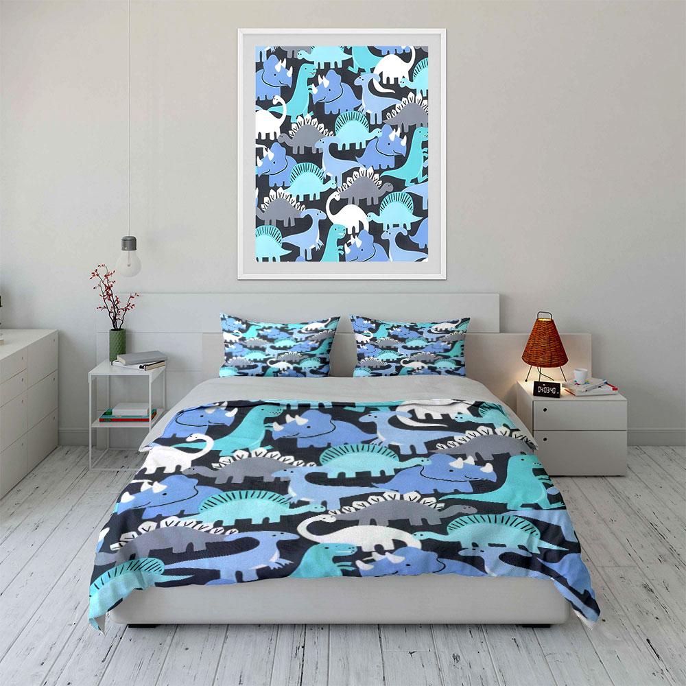 Cartoon Dinosaur Pattern Background Print Bedding Set 1 Duvet Cover 2 Pillowcases For Adult And Children Luxury Gift Full Size