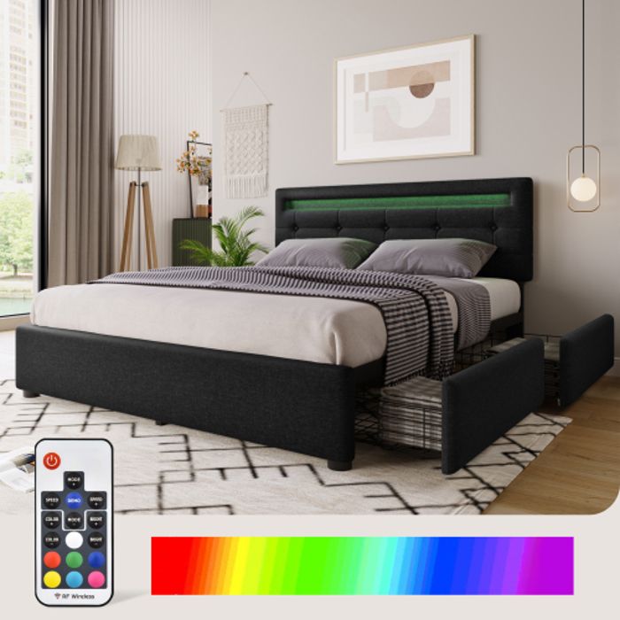 Cadre De Lit - MUVOE - 140x200 Cm - Éclairage LED - 4 Tiroirs - Tête De Lit Réglable