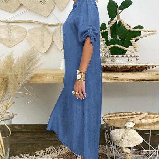 Women Half Sleeve Side Slitting Hem V-neck Loose Long Denim Dress Streetwear for Daily Life