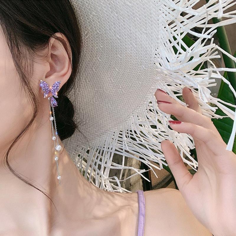 Purple Butterfly Drop Earring For Women Pearl Tassel Chain Earring Jewelry Pendientes