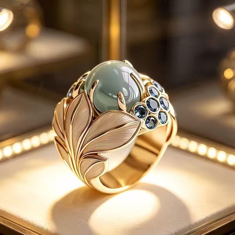 Magnifique Bague pour Femme Inlaid Cubic Zirconia Bleu Couleur Or Esthétique Sculpture à la Main Feuille Port Quotidien Bijoux de Soirée Cadeau d'Anniversaire