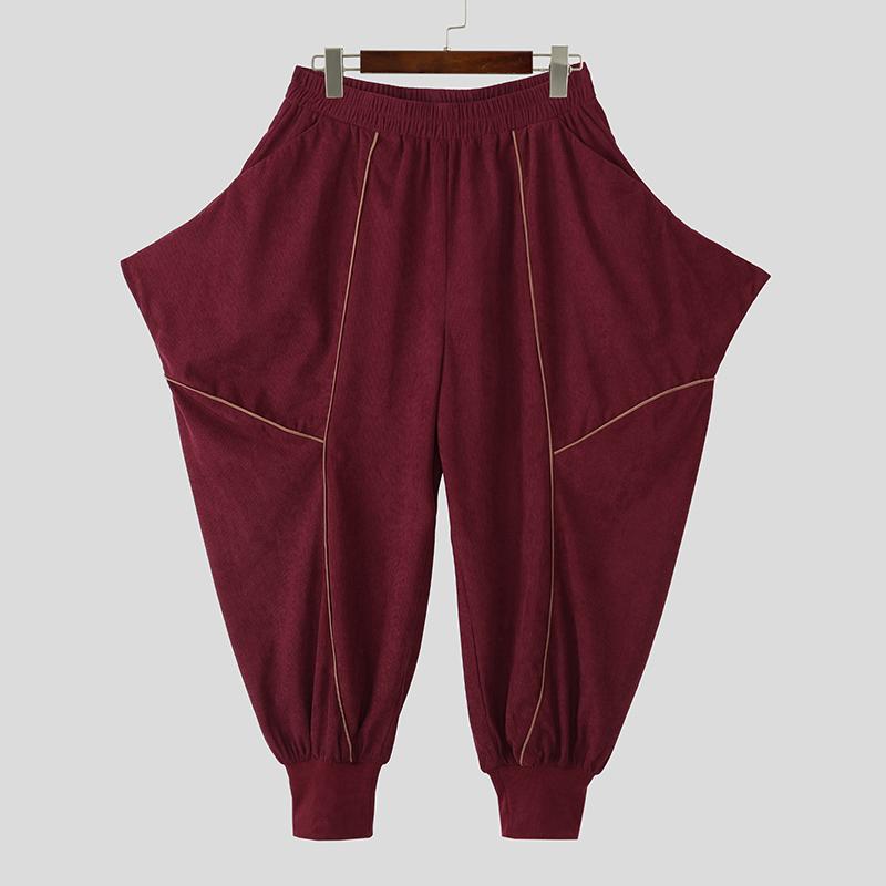 INCERUN Men Elastic Waist  Stitching Casual Long Texture Drop-crotch Pants Trousers
