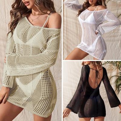 Women Swimsuit Crochet Cover-Up Long Sleeve Sheer Knit Beach Swimwear Ladies Sexy Hollow Backless Tunic Top for Summer Vacation