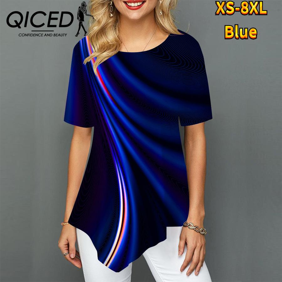 

QICED женская футболка-платье с коротким рукавом и 3D абстрактным лоскутным принтом, круглый вырез, повседневный свободный топ XS синий