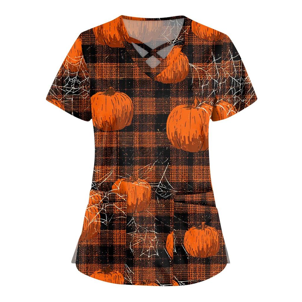 Women's Fashion Cross V Neck Short Sleeve Overalls Double Pockets Halloween Printed Tops Uniforms